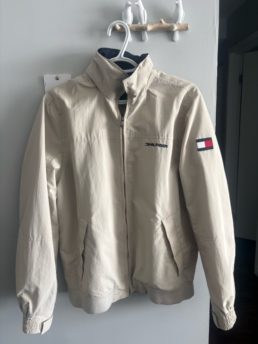 Tommy Hilfiger Men's Light Beige Zip Jacket with Flag Patch